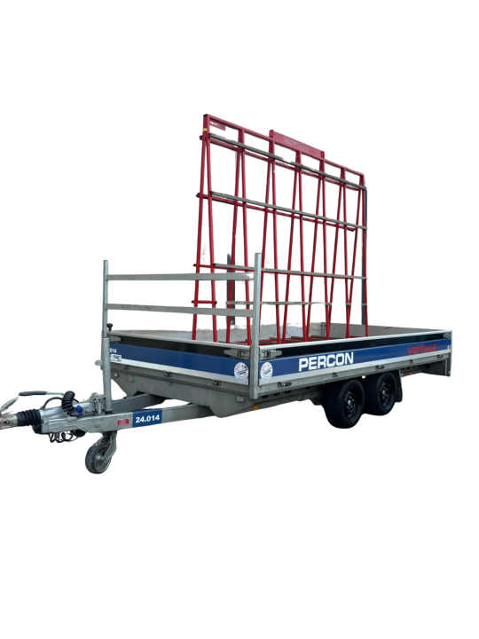 Plateauwagen - 4 meter - dubbelas - met glasrek - huren | Percon | Gekeurde Plateauwagen - voor veilig vervoer