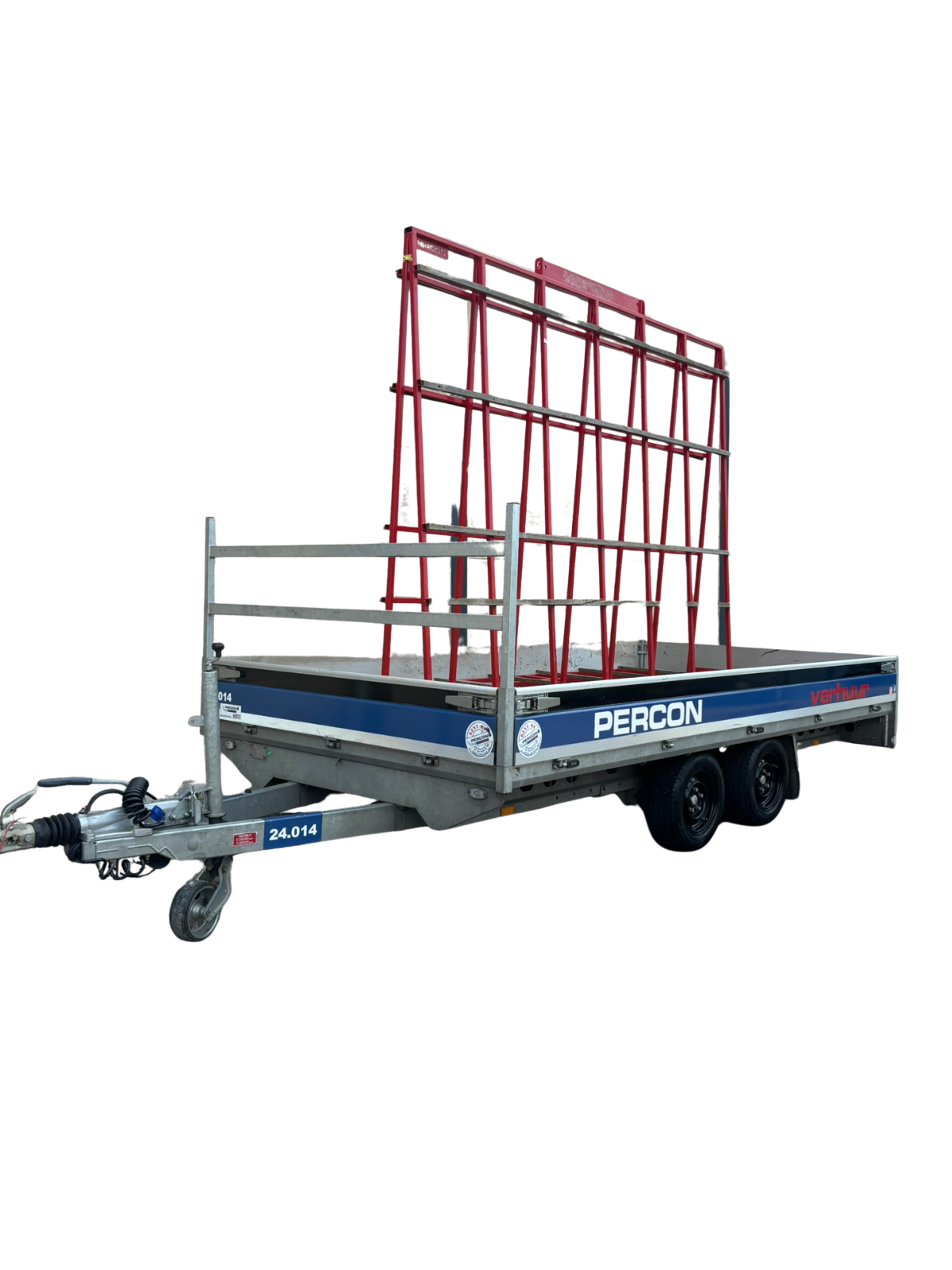Plateauwagen - 4 meter - dubbelas - met glasrek - huren | Percon | Gekeurde Plateauwagen - voor veilig vervoer